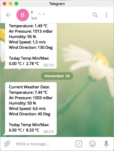 帶有來自 OPC Router的消息和格式化的天氣數(shù)據(jù)作為文本消息的 Telegram 客戶端